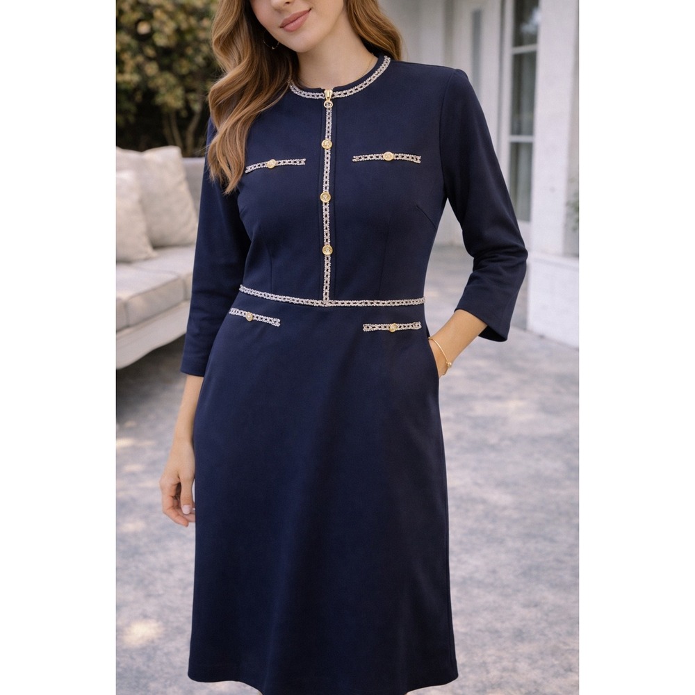Hobemty‎ Navy Blue Sheath Dress Pearl Trim 3/4 Sleeve Office Wear XXL